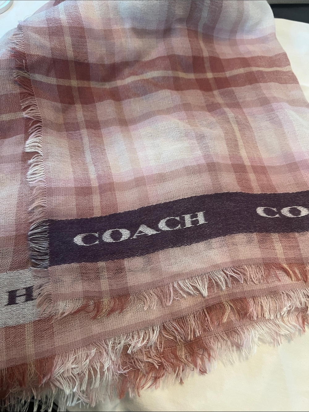COACH Pink Plaid Fringe Logo Scarf